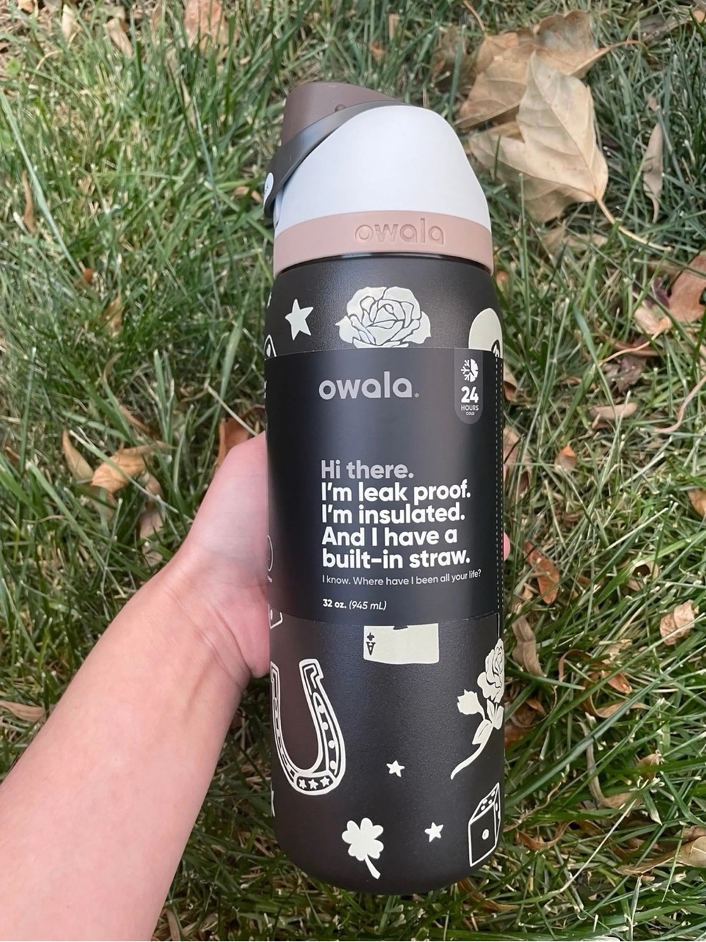 Owala 32oz good luck cowboy Insulated Leak-Proof Straw Bottle Black Accent